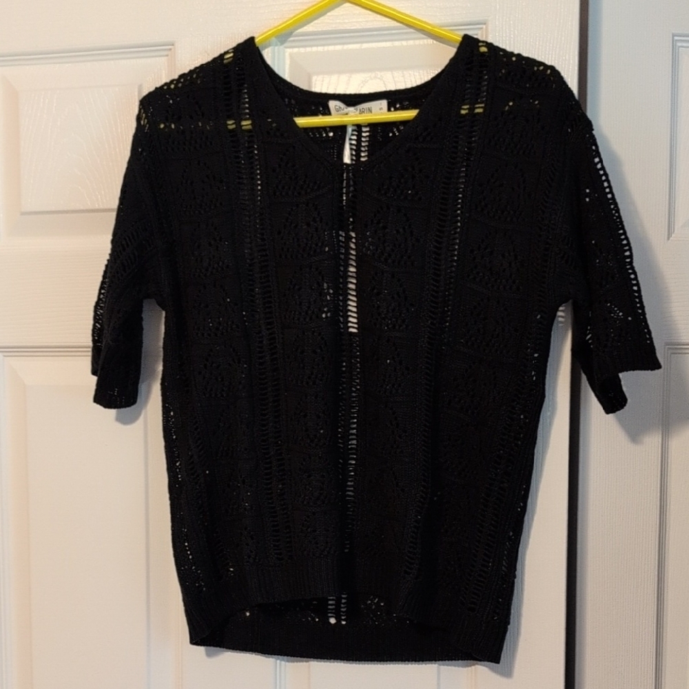 Short-Sleeve Crochet Knit Sweater, Black Size Womens S